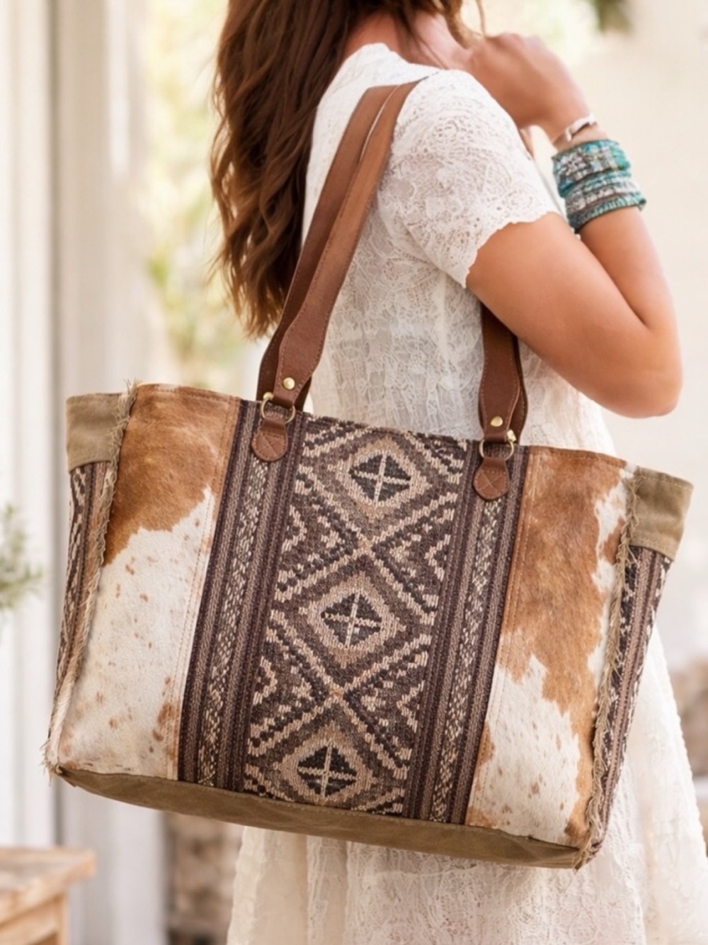 Myra Bag Cowhide Weekender Western Leather Duffel Travel Carry On Boho Cowgirl